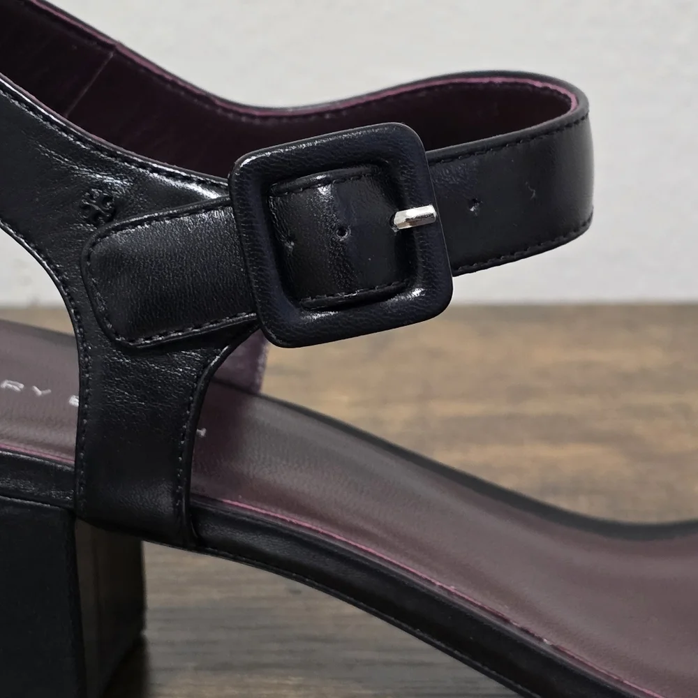 Tory Burch Black Double T City 55MM Leather Block Heel Sandal Size 9
